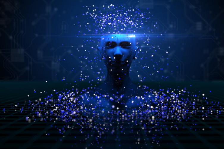 Blaue Grafik: Darstellung einer Künstlichen Intelligenz mit Pixeln und menschlichem Gesicht
