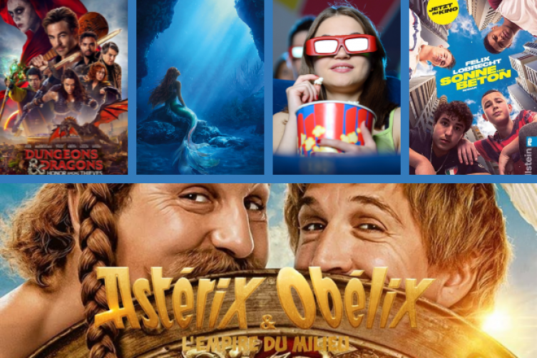 Plakatausschnitte von Asterix & Obelix, Arielle, Dungeons & Dragons und Sonne und Beton