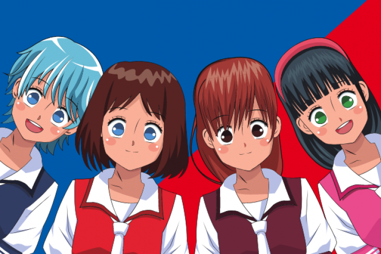 4 illustrierte Manga-Girls in japanischer Schuluniform mit großen Augen vor rot-blauem Hintergrund