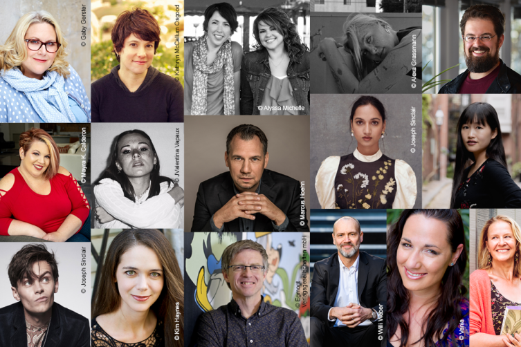 Eine Collage der Autorinnen und Autoren des Literaturfestivals „Bookstock“ von Hugendubel.
