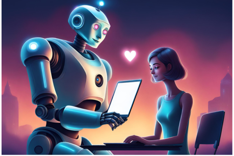 Ein Roboter und eine Frau seitzen nebeneinander, zwischen ihnen schwebt ein Herz