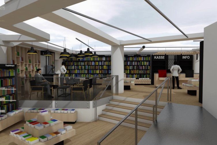 3D-Konzept des neuen Ladens mit Parkett und Glasdach