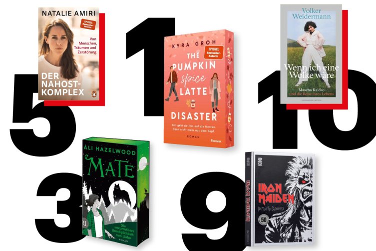 Abbildung mit Covern von fünf Neueinsteigern in den Charts und Zahlen zu ihren Plätzen