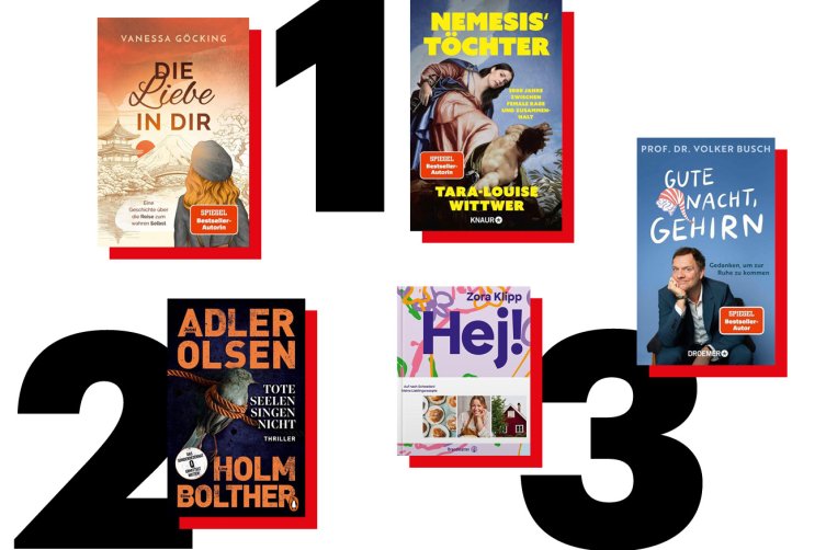 Grafik mit fünf Covern von Neueinsteigern in die Buchcharts