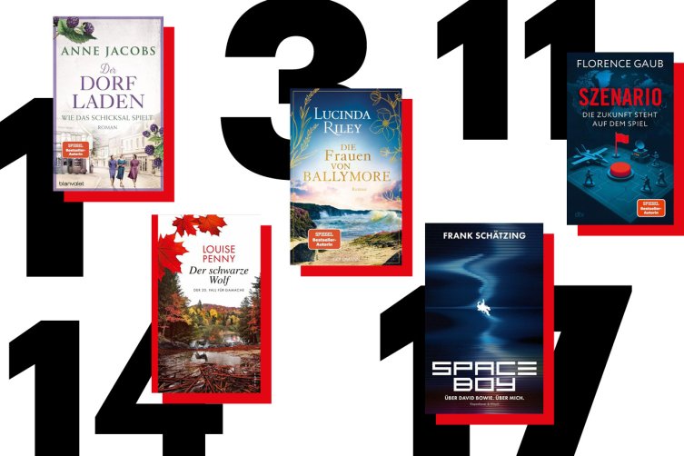 Collage mit fünf Covern von Neueinsteigern in den Charts, daran die Platzierungen in großen Zahlen geschrieben